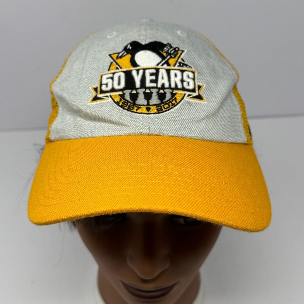 47 Brand Pittsburgh Penguins 50th Anniversary Trucker Hat Snapback Grey Yellow